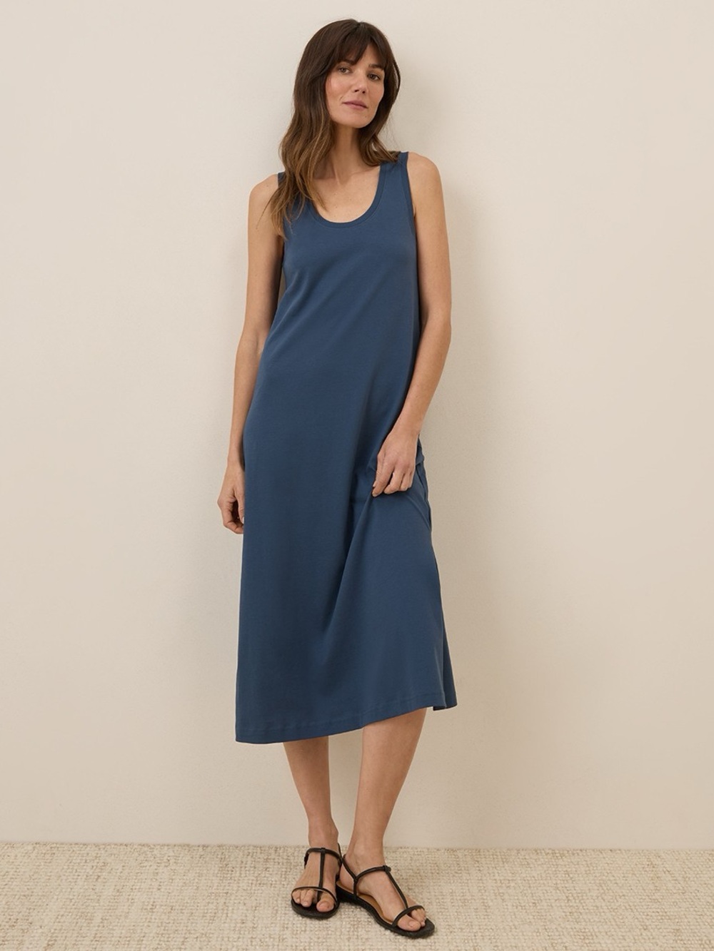 PACT Organic Cotton Tank Midi Dress Navy Blue Side Slit Sleeveless Maxi